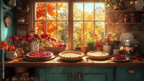 Warm kitchen with baking pies