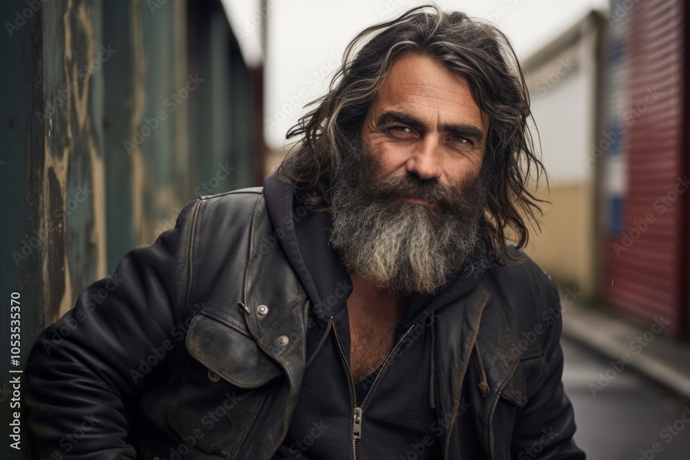 Portrait of a handsome man with a long gray beard and mustache in a black leather jacket on the street Portrait of a handsome man with a long gray beard and mustache in a black leather jacket on the street