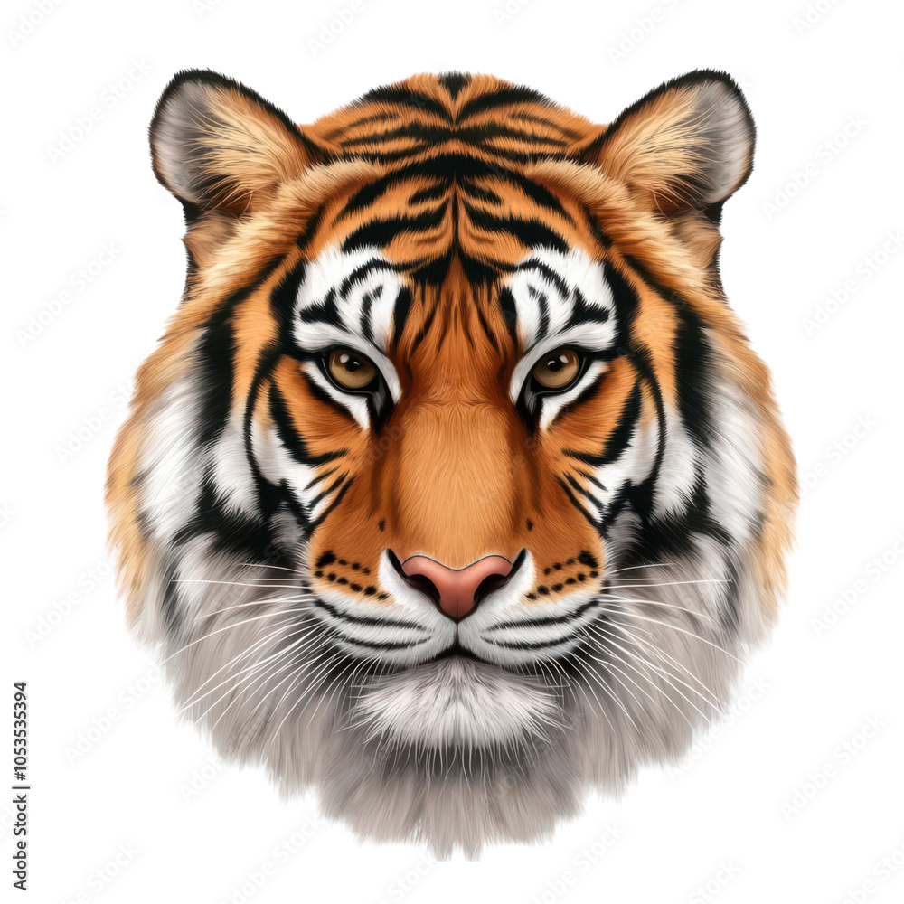 Obraz premium A majestic tiger clipart, wild animal element, hyper-realistic style, orange and black fur, isolated on white background