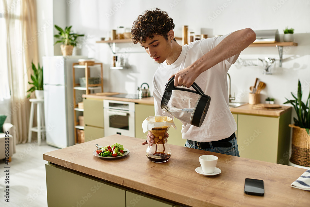 A handsome young man carefully pours hot water for coffee preparation, surrounded by a fresh salad and cozy decor. A handsome young man carefully pours hot water for coffee preparation, surrounded by a fresh salad and cozy decor.