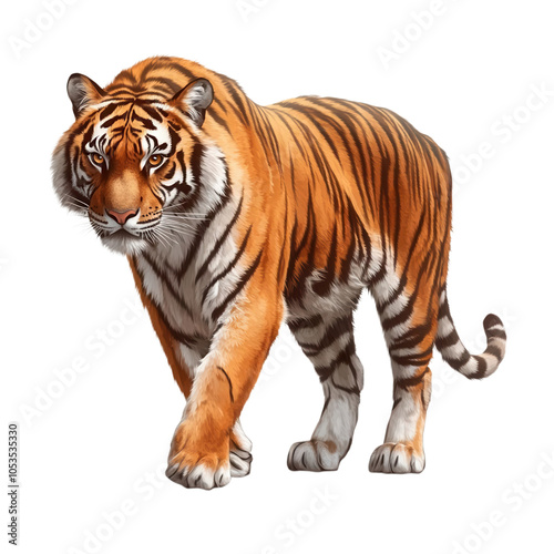 A majestic tiger clipart, wild animal element, hyper-realistic style, orange and black fur, isolated on white background