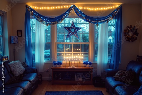 Hanukkah Decorations at Home: A wide-angle shot of a living room decorated for Hanukkah, featuring a lit menorah on the windowsill, blue and white streamers, and a Star of David hanging on the wall. T photo