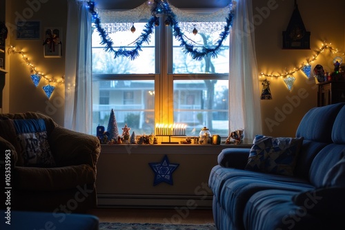 Hanukkah Decorations at Home: A wide-angle shot of a living room decorated for Hanukkah, featuring a lit menorah on the windowsill, blue and white streamers, and a Star of David hanging on the wall. T photo