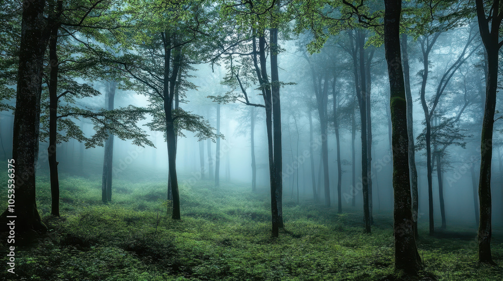 Mysterious foggy forest with dense trees and lush greenery creates enchanting atmosphere Mysterious foggy forest with dense trees and lush greenery creates enchanting atmosphere