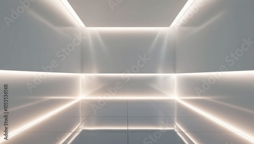 Modern Minimalist white room with glowing floor and wall light beams, representing futuristic design and clean technology, rendered in a sharp and high-definition style