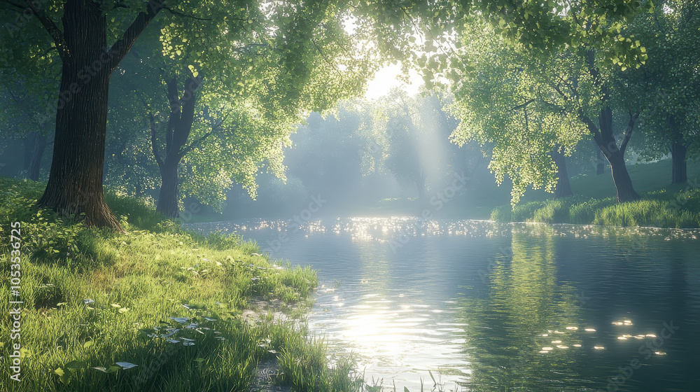 Obraz premium serene riverbank with sunlight filtering through lush trees creates peaceful atmosphere
