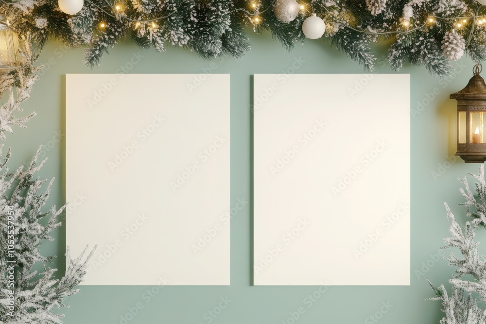 Festive mockup of two white a4 pages with christmas decorations Festive mockup of two white a4 pages with christmas decorations