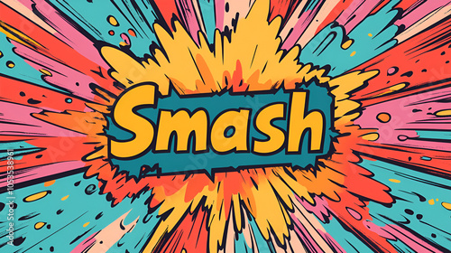 Colorful comic book style explosion with "Smash" text cool, expressive, impact, lively, power, splatter, action, aesthetic, bang, bubble, fluid, funky, halftone, speech, strike