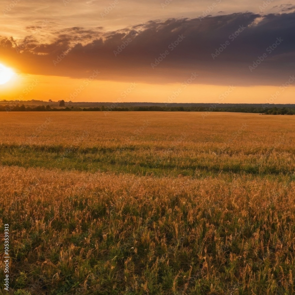 Sunset Over a Vast Open Field with Golden Light and Expansive Sky Sunset Over a Vast Open Field with Golden Light and Expansive Sky