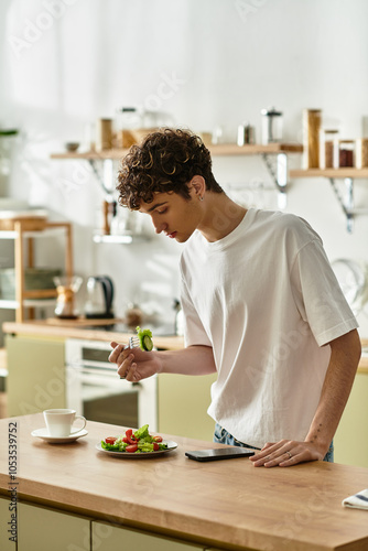 A handsome young man in a stylish kitchen carefully assembles a vibrant salad while enjoying a peaceful morning.