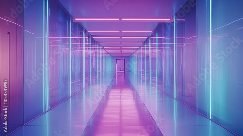 vibrant  abstract futuristic hall with neon lights and reflections
