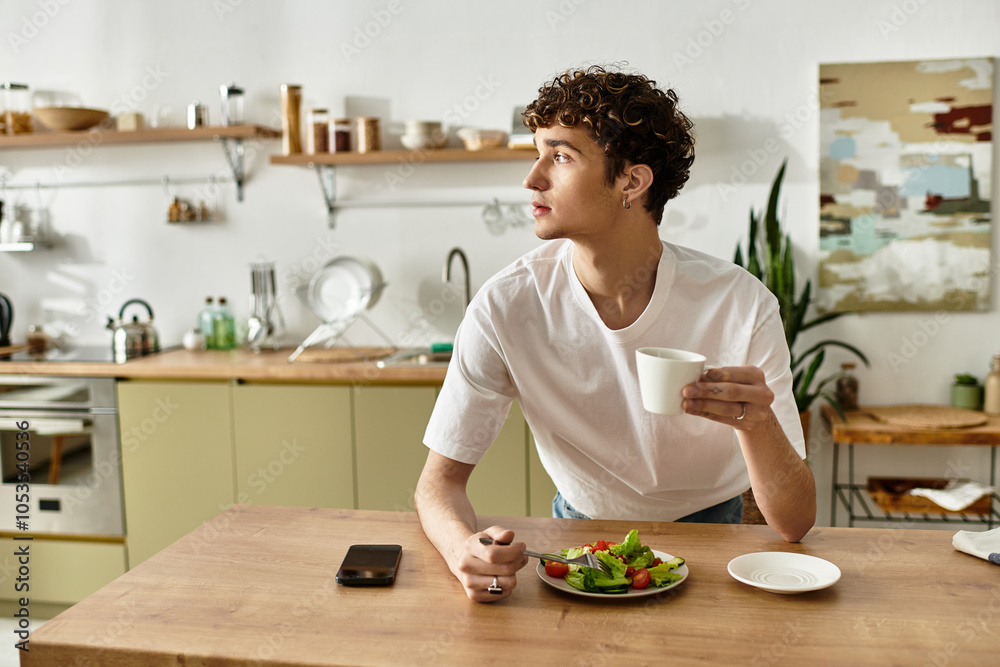 In a stylish kitchen, a handsome young man savors a fresh salad and coffee, gazing thoughtfully out the window. In a stylish kitchen, a handsome young man savors a fresh salad and coffee, gazing thoughtfully out the window.