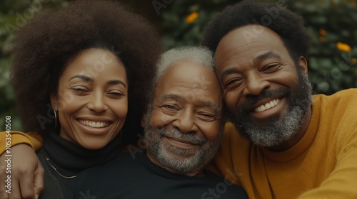 African American family portrait with three generations embracing outdoors, representing love, connection, and family unity. Warmth, support, and happiness in multigenerational bond for family