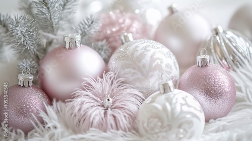 Weihnachtsstimmung mit weissen, silbernen und rosa farbenen Christbaumkugeln, Feierliche Stimmung mit edler Weihnachtsdeko in rosa und weiß photo