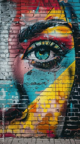 Vibrant street art mural on a brick wall, 4K hyperrealistic photo
