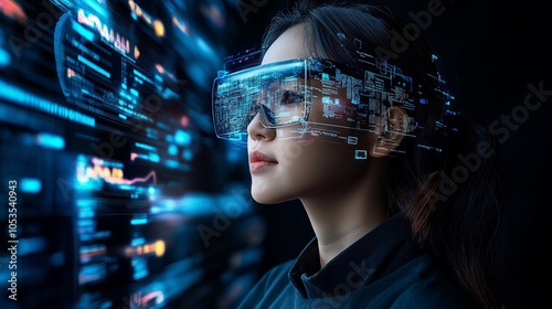 Young woman using augmented reality headset with digital data overlay, exploring future technology and immersive experience. Innovation, virtual interaction, and advanced tech in digital world for AI  photo