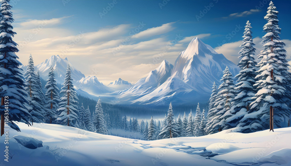 Beautiful illustration of snowy landscape forest. Serene winter scenery. Wonderland with snowy pines Beautiful illustration of snowy landscape forest. Serene winter scenery. Wonderland with snowy pines