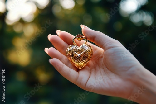 A hand holding a golden heart-shaped lock in a serene outdoor setting.