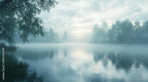 Misty morning fog rolling over a tranquil lake, 4K hyperrealistic photo