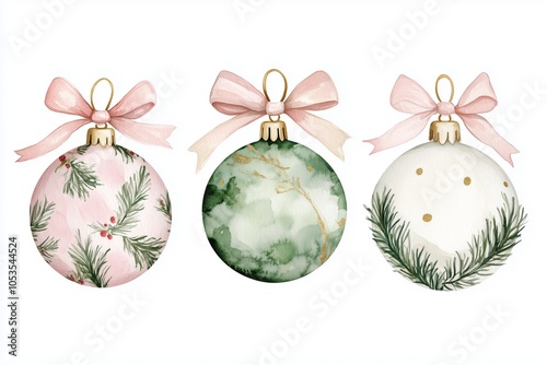 Colorful watercolor Christmas ornaments with pink ribbons on a white background perfect for holiday decor and seasonal celebrations