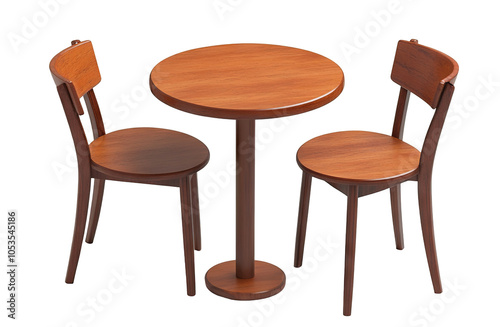 Classic round wooden table and chairs set, isolated on transparent cutout background