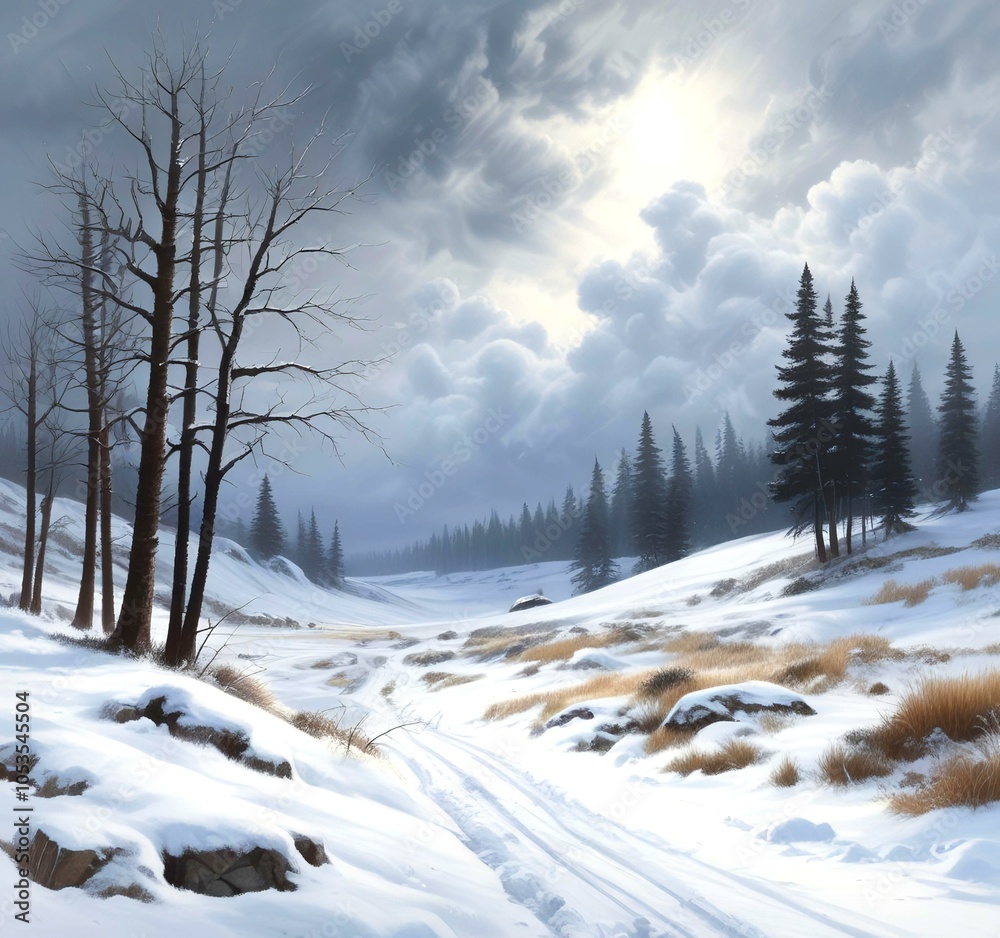 Fototapeta premium Illustration of winter landscape with snowy storm.