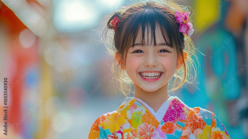 Young Japanese girl with a bright dress and a cheerful grin. Young Japanese girl with a bright dress and a cheerful grin.