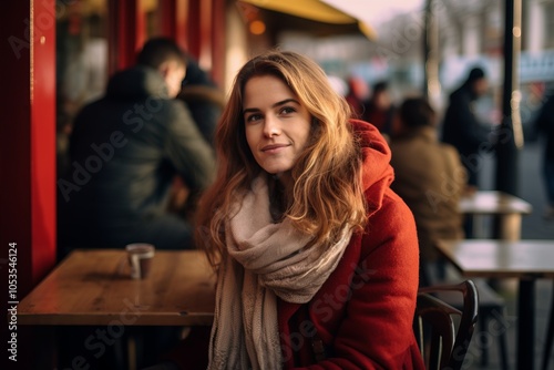 Portrait of a beautiful young woman in a red coat sitting in a cafe.