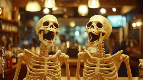 Two skeletons are sitting together at a cozy cafe counter. Concept of Halloween decoration and humorous theme. For a fun Halloween or humorous photo. photo