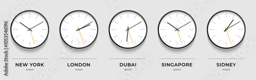 World time. Simple Clock icons in realistic flat style. New York, London, Dubai, Singapore, Sidney. Classic watch on gray background. Business illustration for you presentation. Vector design objects