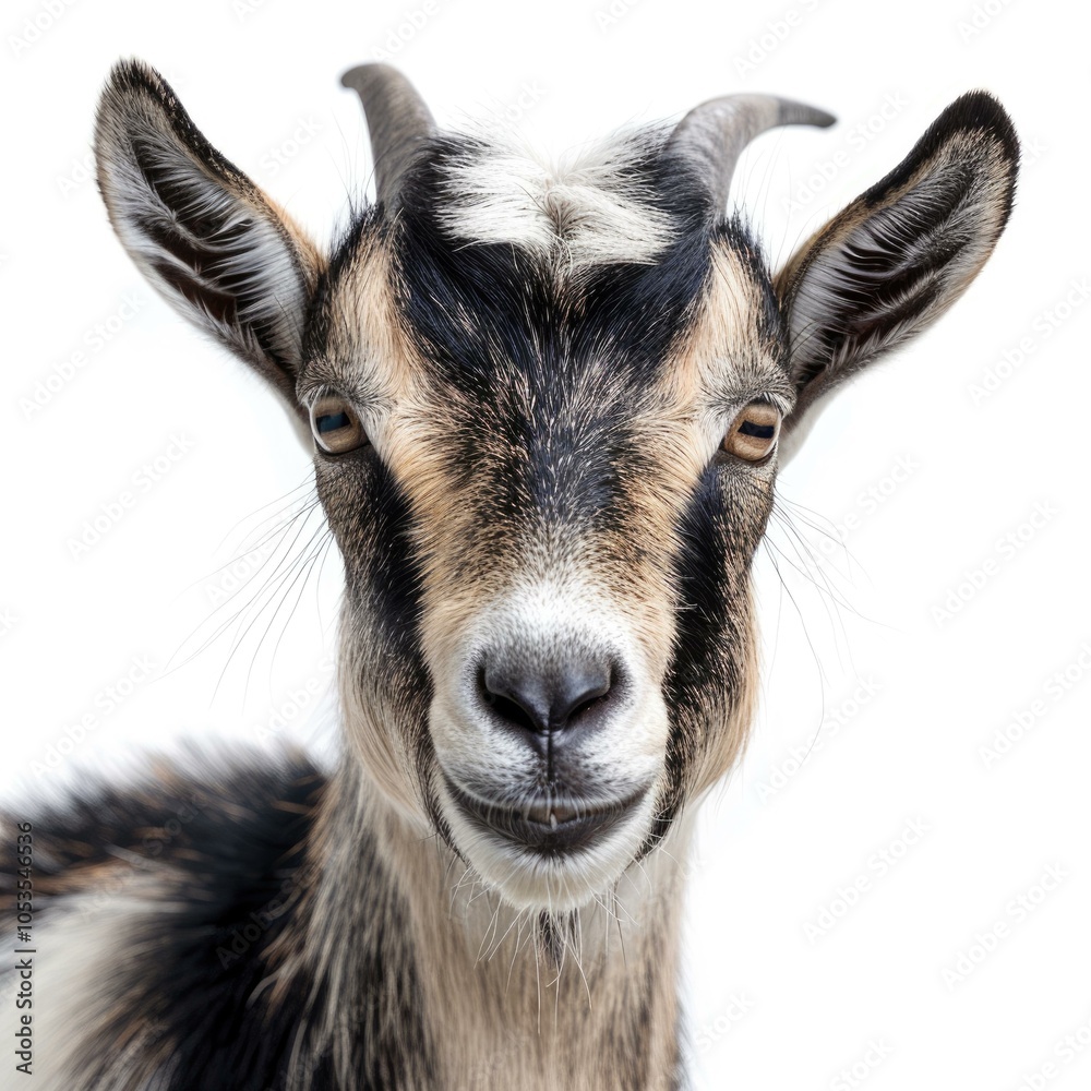 Obraz premium Close up of a brown and black goat with a white patch on its head.