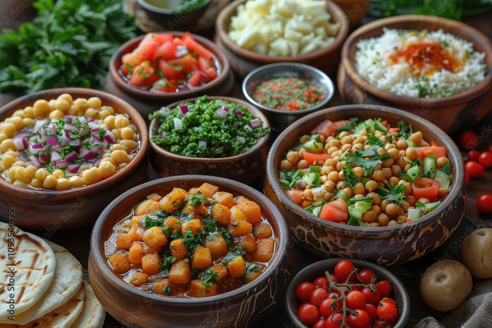 A traditional Lebanese mezze platter with hummus, tabbouleh, falafel, and pita bread A traditional Lebanese mezze platter with hummus, tabbouleh, falafel, and pita bread