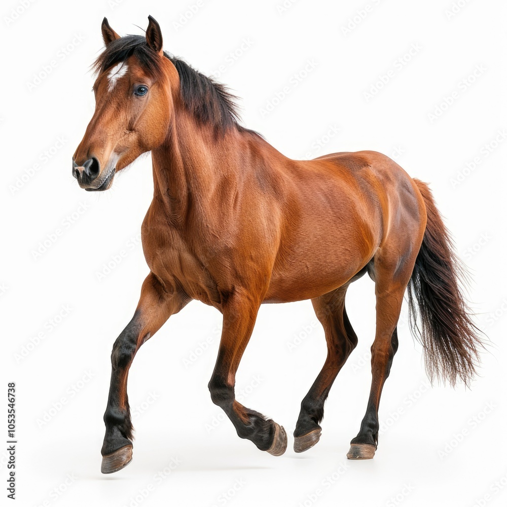 Fototapeta premium A brown horse with a white star on its forehead runs across a white background.