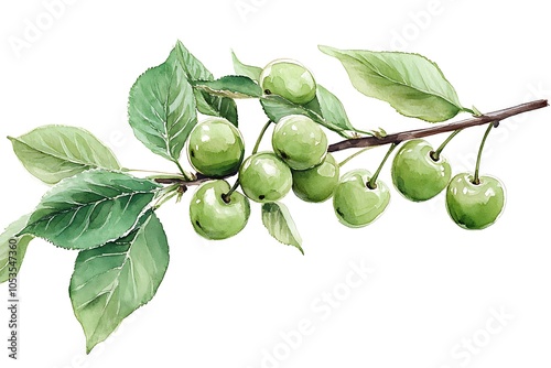 Wallpaper Mural Watercolor Painting of a Branch with Green Cherries Torontodigital.ca