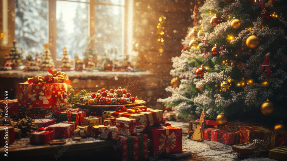 Festive holiday scene with a beautifully decorated Christmas tree and an array of colorful gifts under warm fairy lights Festive holiday scene with a beautifully decorated Christmas tree and an array of colorful gifts under warm fairy lights