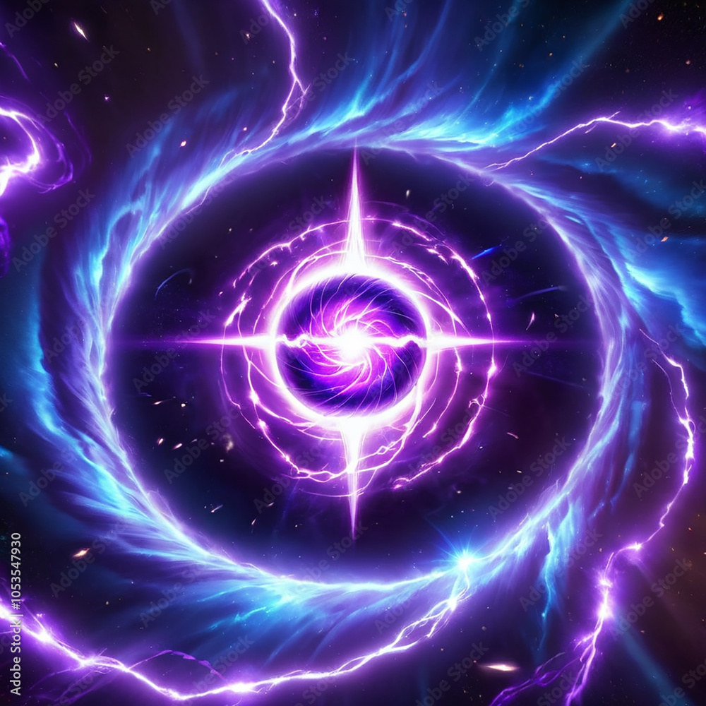 Obraz premium A vibrant cosmic scene with a swirling purple and blue nebula around a central glowing sphere, emitting bright energy beams. The scene suggests a stars death and the rebirth of a new energy source.