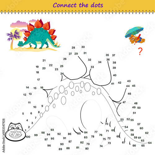 Connect the dots from 1 to 100 and draw the stegosaurus. Trace the line between numbers. Coloring book for kids. Develop counting skills. Logic puzzle game for children. Educational page. Vector image