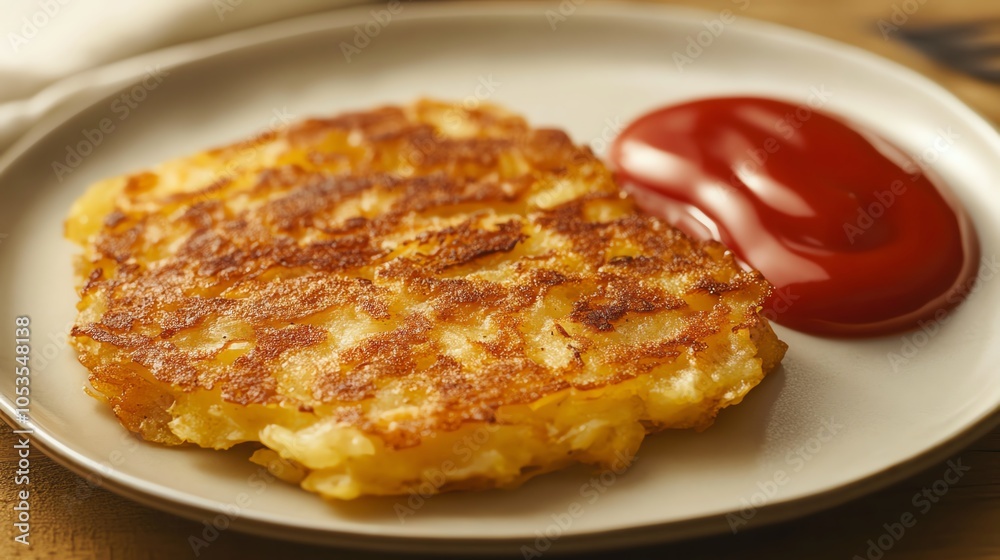 Golden brown fried potato pancake served with a side of ketchup on a white plate. Golden brown fried potato pancake served with a side of ketchup on a white plate.