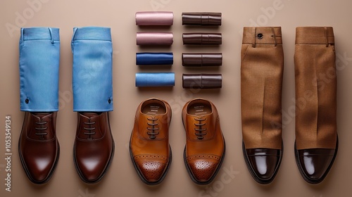 Men's Formalwear Accessories Flat Lay with Brown and Blue Trousers, Shoes, and Ties photo