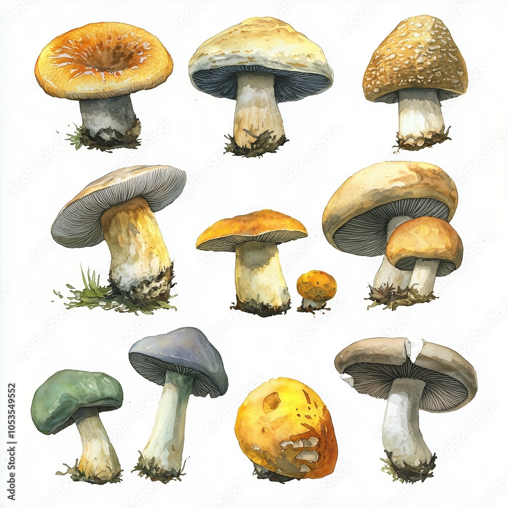 A collection of ten watercolor illustrations of various mushrooms. A collection of ten watercolor illustrations of various mushrooms.