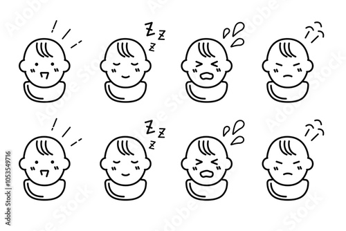 スタイをつけた赤ちゃんの表情のバリエーションイラスト