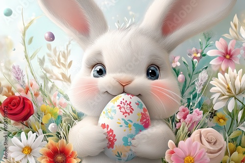 Cute Easter illustration of a bunny holding an Easter egg, surrounded by flowers and grass, bright pastels, and whimsical style 