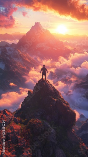 man on high peak looking over kingdom clouds below sunrise light conveying mystery