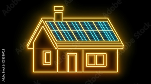 Neon glow outline of a house with solar panels on the roof.