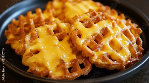 Delicious cheesy waffles served on a black plate, perfect for breakfast or brunch. photo