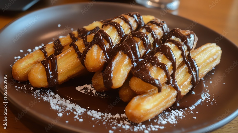 Delicious churros drizzled with chocolate sauce, served on a dark plate, perfect for desserts. Delicious churros drizzled with chocolate sauce, served on a dark plate, perfect for desserts.