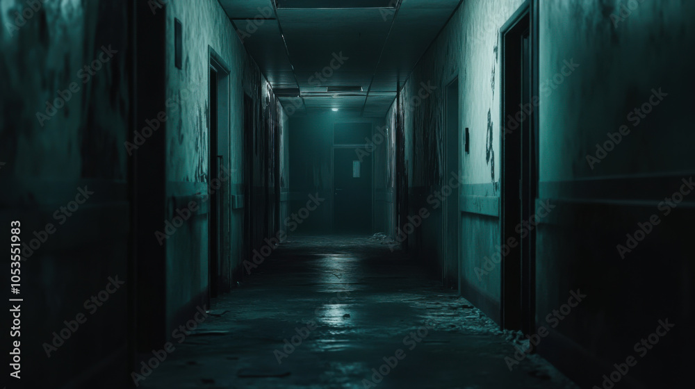 Dark, abandoned corridor with peeling paint leading to a mysterious door in an old, derelict building at night Dark, abandoned corridor with peeling paint leading to a mysterious door in an old, derelict building at night
