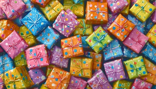 Vibrant collection of wrapped gifts with colorful, patterned paper and bows, ideal for festive occasions and celebrations.