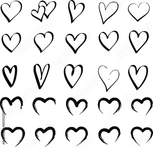 Hand drawn vector hearts. Grunge heart shape. Drawing with a brush in the shape of heart