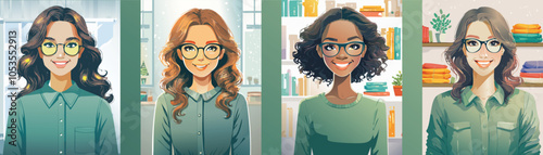 Professional and Casual AI-Generated Vector Characters, Diverse Business Women, Friendly Avatars, and Broadcast Professionals, Professional Women with Glasses